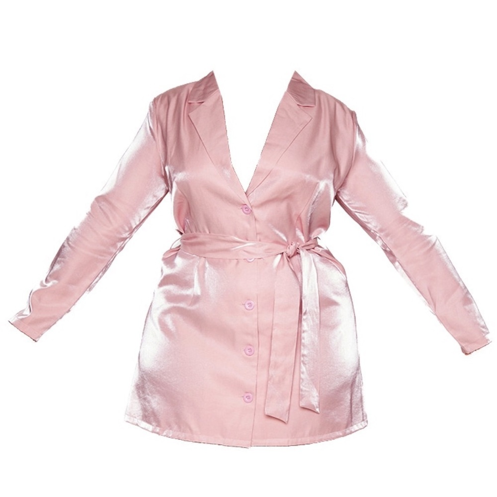 Plus Blush Shimmer Satin Tie Waist Blazer Dress